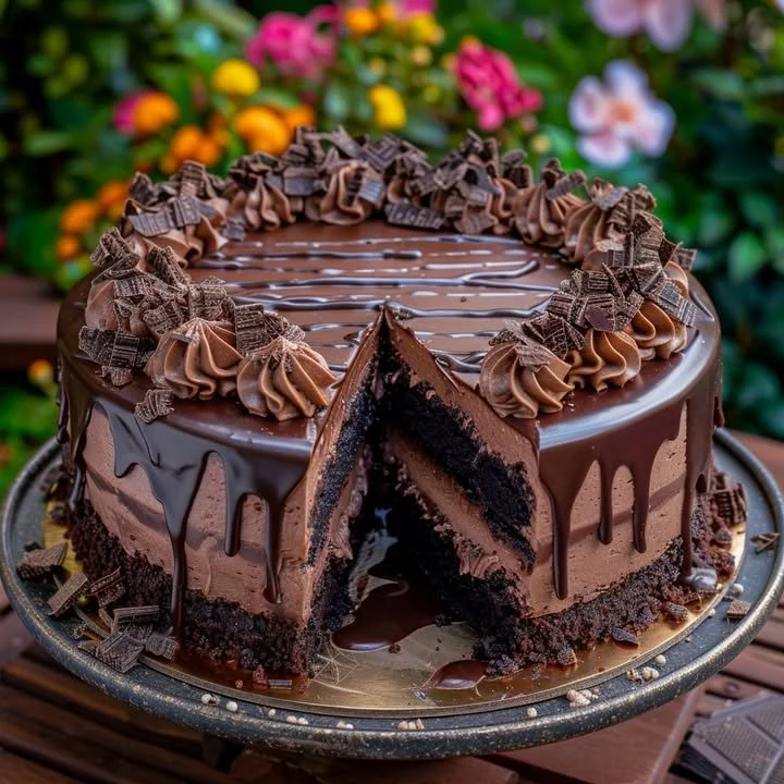 Decadent triple chocolate cheesecake with rich layers of chocolate frosting.