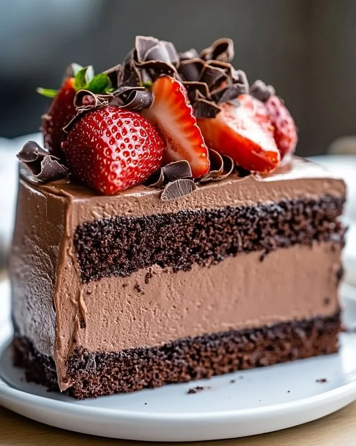 Delicious slice of Triple Chocolate Mousse Cake with layers of rich chocolate mousse