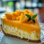 Delicious Tropical Paradise Mango Cheesecake topped with fresh mango slices.
