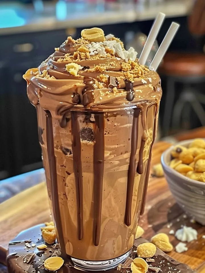 Creamy chocolate peanut butter shake topped with whipped cream