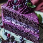Delicious purple velvet cake layered with cream cheese frosting