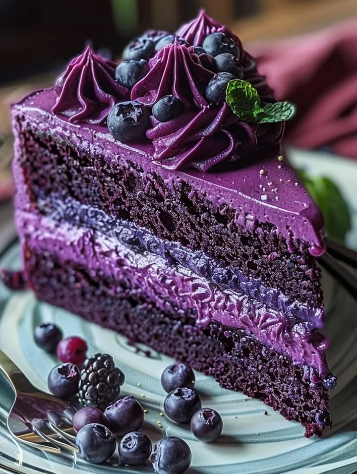 Delicious purple velvet cake layered with cream cheese frosting