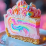 Slice of colorful Unicorn Marshmallow Swirl Cheesecake topped with marshmallows