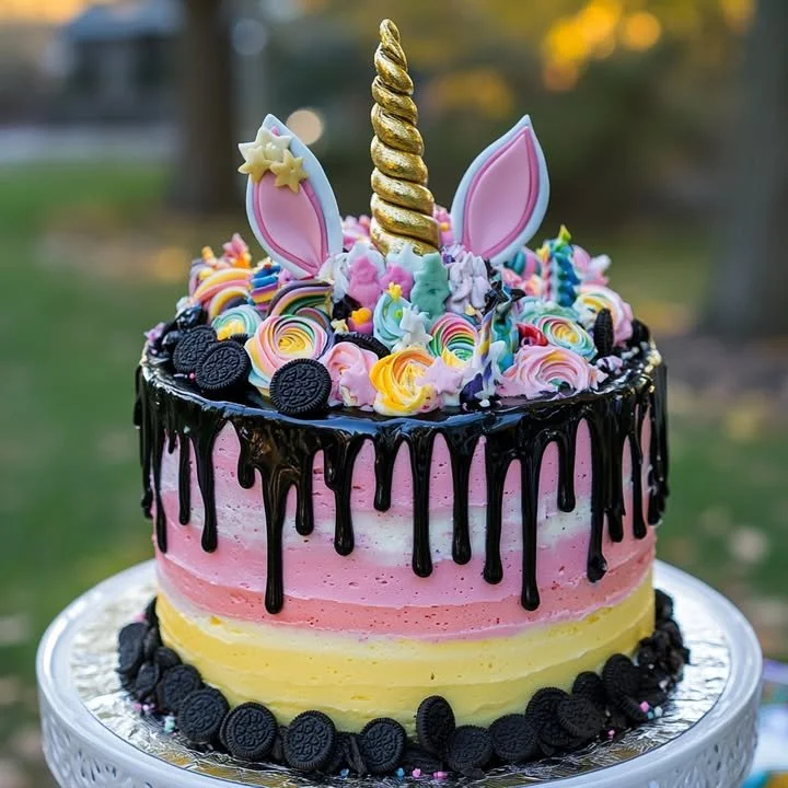 Colorful Unicorn Oreo Cheesecake Drip Cake with vibrant layers and toppings