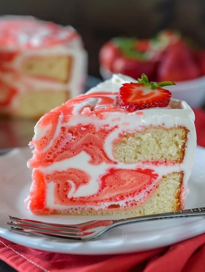 Velvet Lemon Cream Cake with Strawberry Swirl served on a white plate