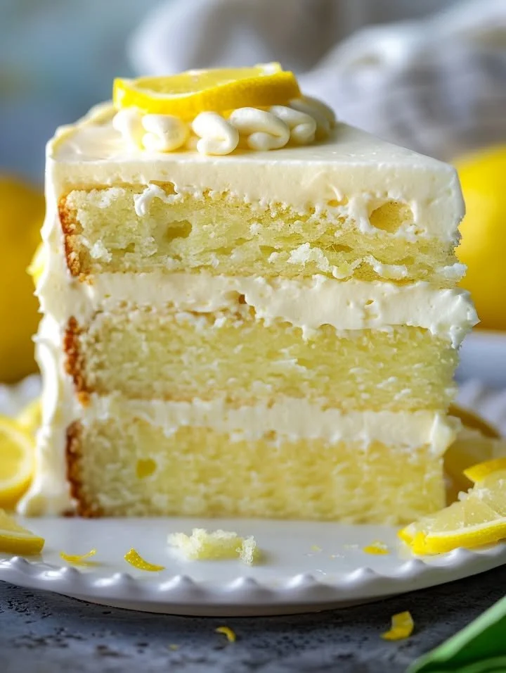 Delicious Velvet Lemon Cream Layer Cake with layers of bright lemon cream and soft velvet cake