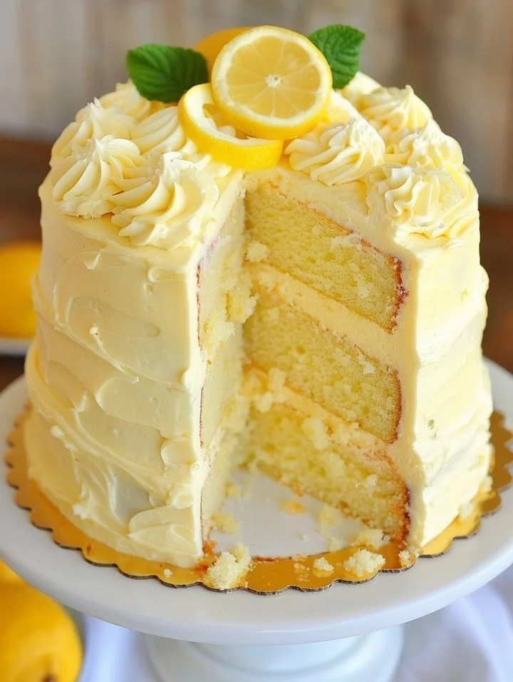 Delicious Velvet Lemon Cream Layer Cake with layers of lemon cream filling
