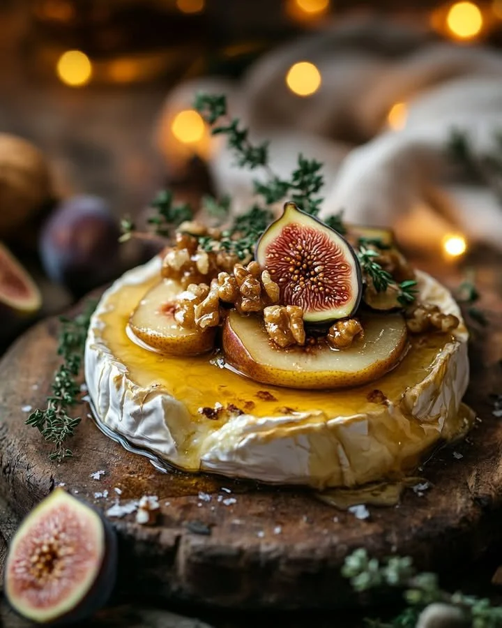 Warm brie cheese with a topping of roasted holiday fruits