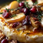 Warm brie cheese topped with roasted winter fruits on a serving platter.