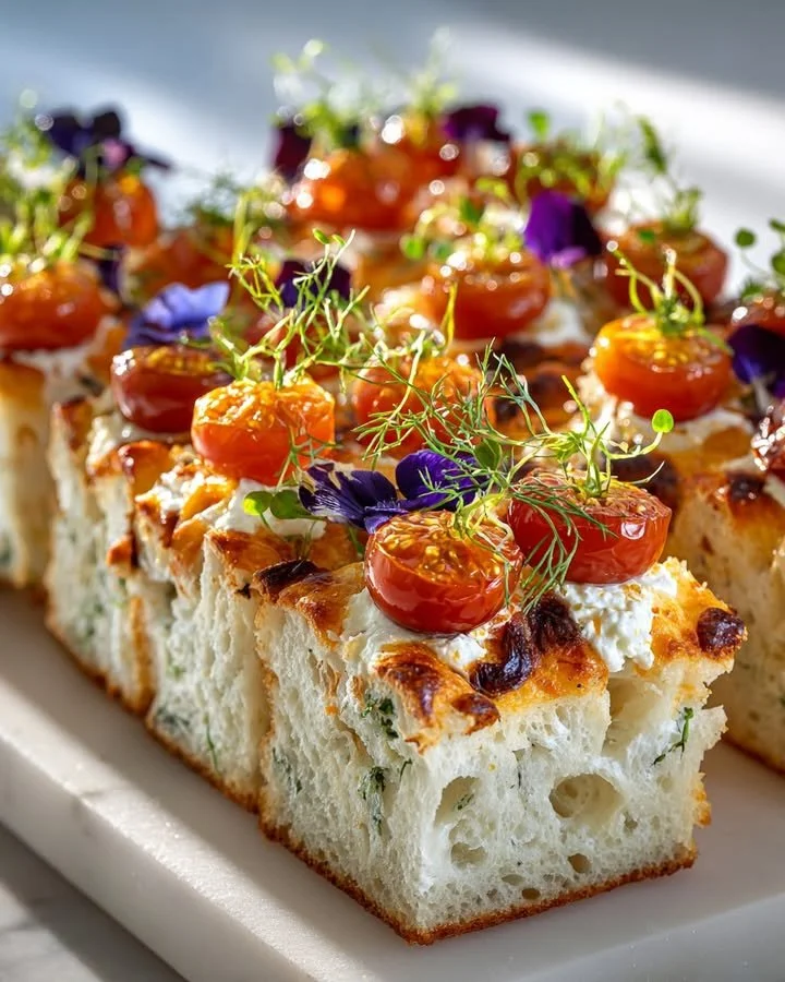 Whipped feta on golden focaccia with fresh garden vegetables