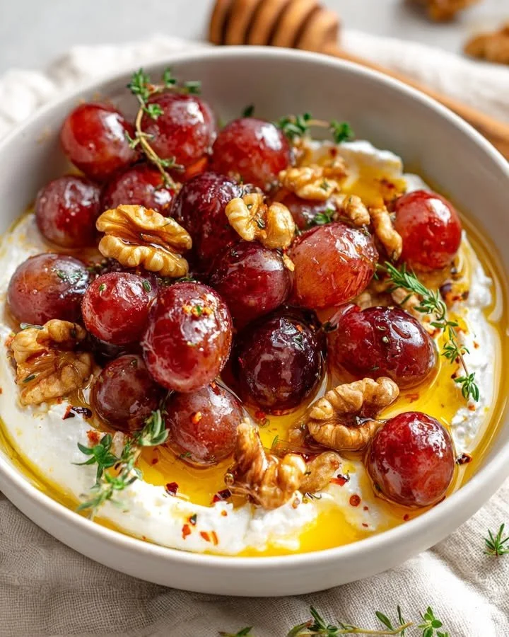 Creamy whipped feta with roasted grapes, walnuts, and hot honey for a delicious appetizer.