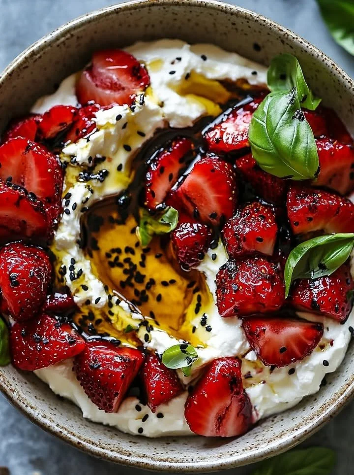 Whipped feta garnished with roasted strawberries on a plate.