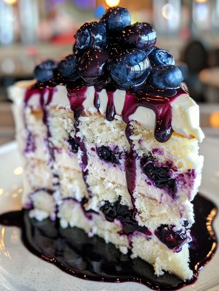 Sliced white chocolate blueberry cake topped with blueberries and white chocolate shavings