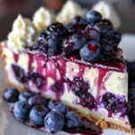 Delicious white chocolate blueberry cheesecake slice on a plate