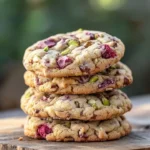 White chocolate raspberry pistachio cookies fresh out of the oven