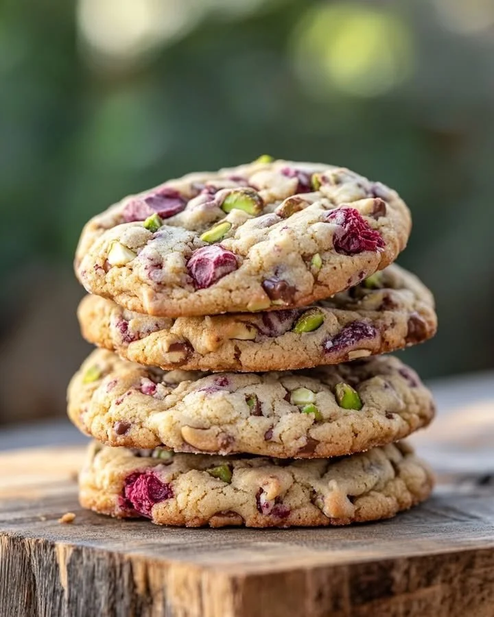 White chocolate raspberry pistachio cookies fresh out of the oven