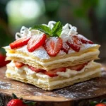 Elegant white chocolate strawberry millefeuille dessert on a plate