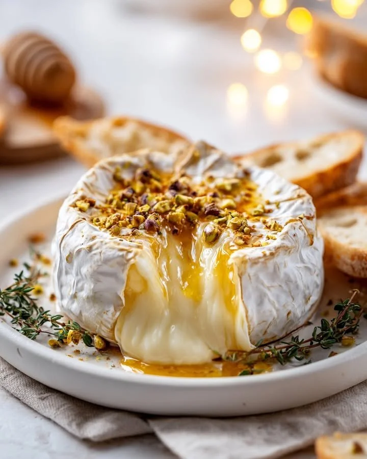 Whole baked camembert with hot honey and pistachio crunch served in a rustic setting.