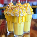 A delicious yellow freekshake topped with whipped cream and colorful sprinkles.