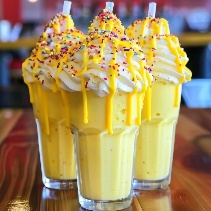 A delicious yellow freekshake topped with whipped cream and colorful sprinkles.