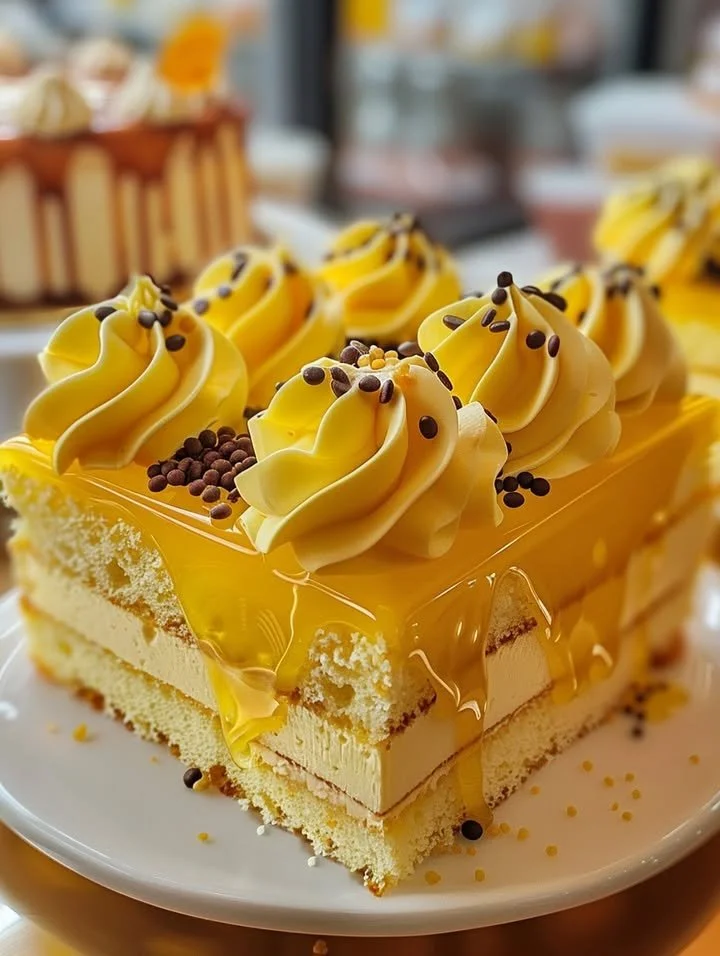 Slice of delicious Yellow Velvet Cake topped with cream frosting