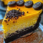 Delicious yellow velvet Oreo cheesecake slice with creamy layers and cookies on top