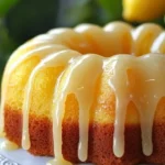 Zesty glazed lemon bundt cake with a vibrant lemon glaze on a white plate.