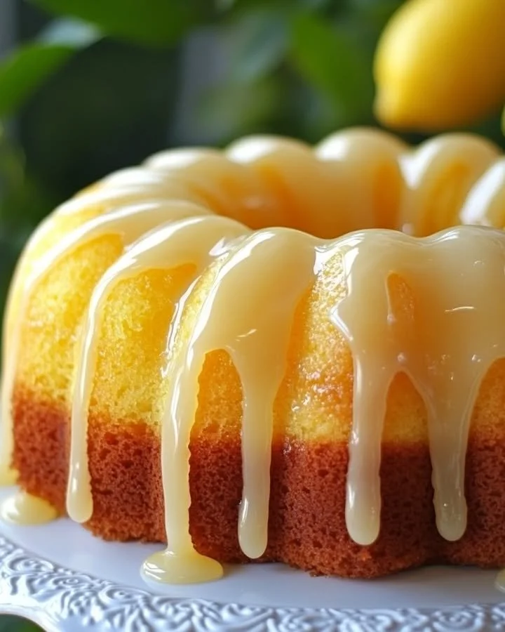 Zesty glazed lemon bundt cake with a vibrant lemon glaze on a white plate.