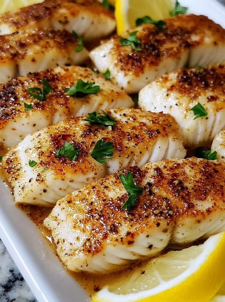 Zesty Lemon Butter Fish Fillet served with herbs and lemon wedges