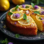Zesty lemon polenta cake topped with thyme syrup, showcasing a delicious dessert.