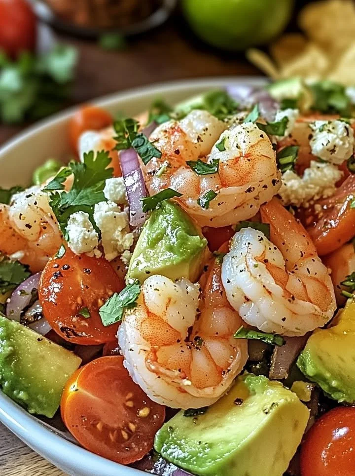 Zesty lime shrimp and avocado salad in a bowl garnished with cilantro