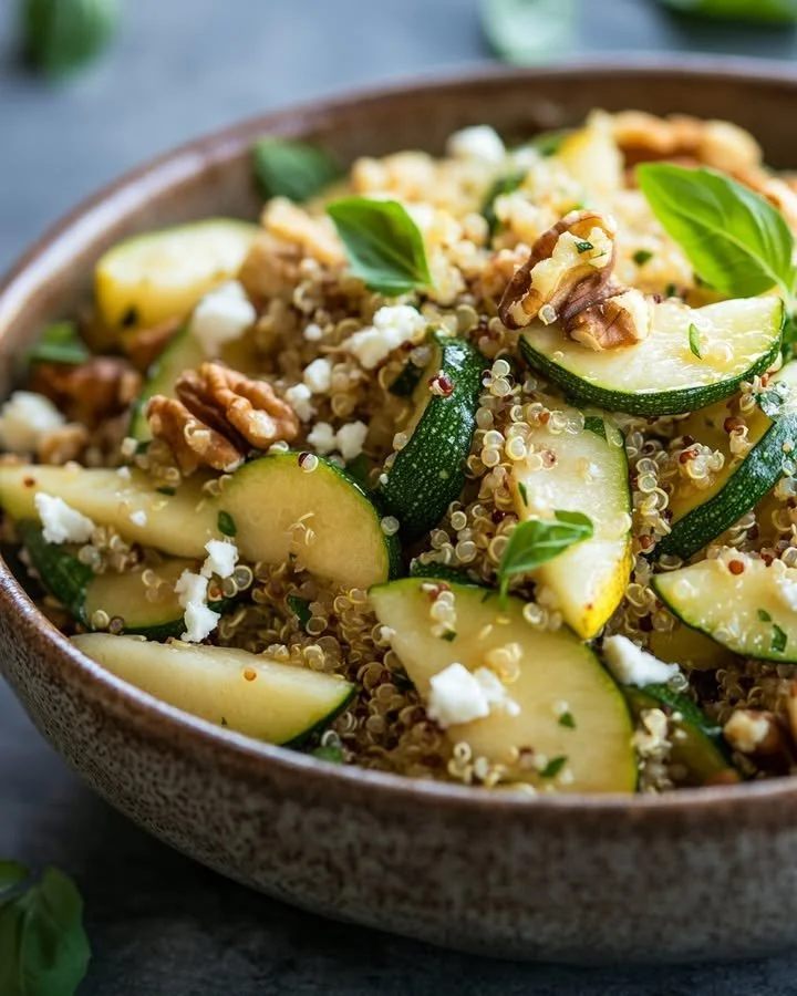 Zucchini and roasted pear quinoa salad served in a bowl with fresh ingredients.